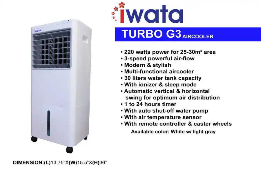 Iwata TURBO-G3 Cooling portable air conditioner for indoor spaces, featuring 220W power, multi-speed fan, smart controls, and 30L water tank capacity, ideal for modern, styled environments.