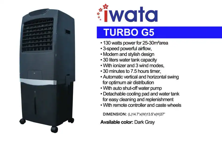 Iwata TURBO-G5 Cooler portable air cooler with ionizer, 3 wind modes, water tank, and remote control for optimal room cooling.