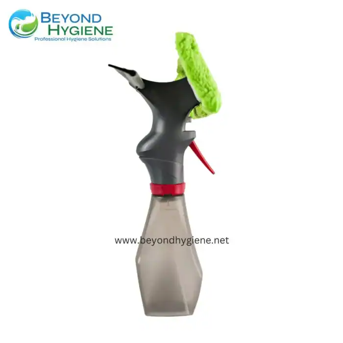 Cleaning spray bottle with a built-in microfiber cloth holder, ideal for professional hygiene cleaning solutions.