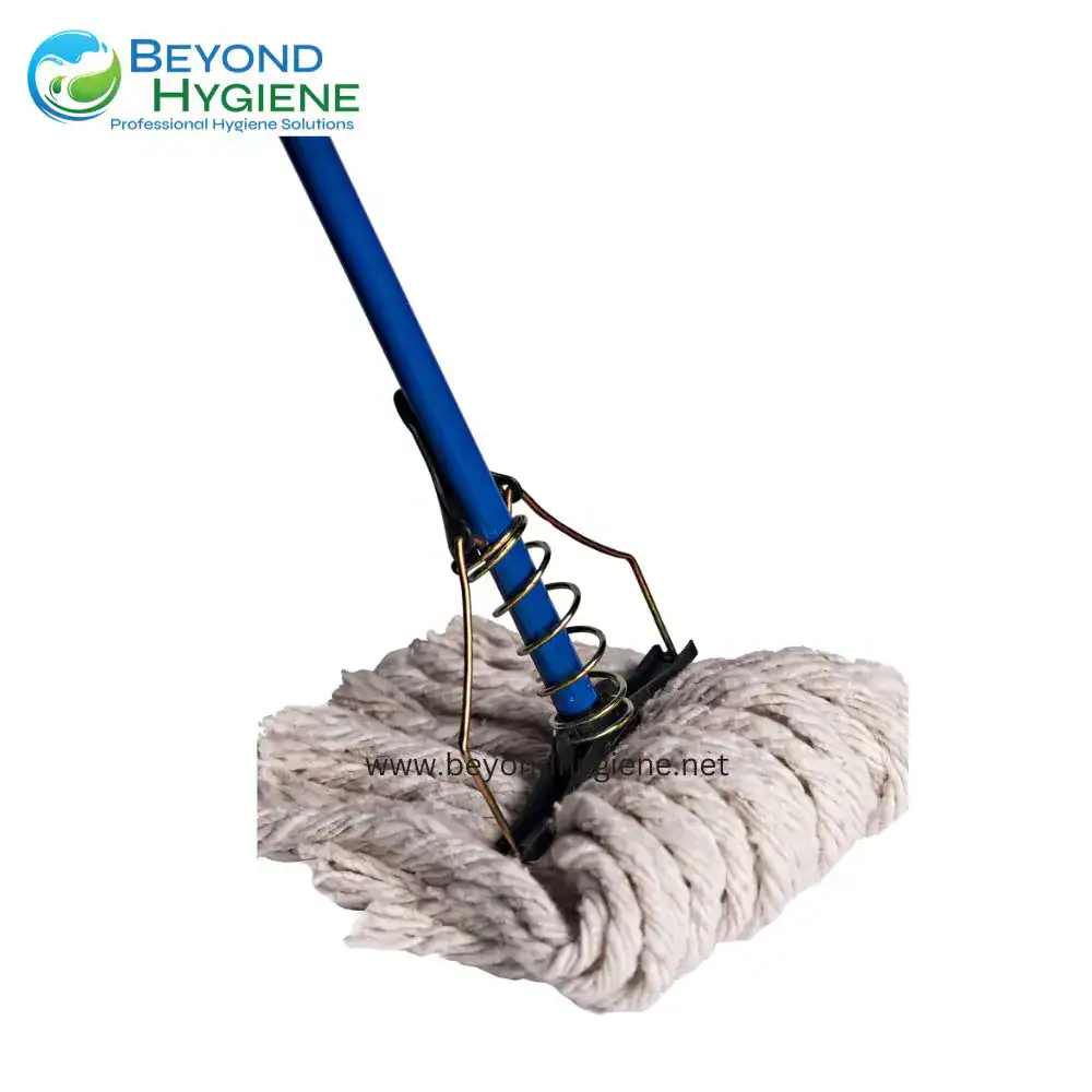 SPRING TYPE STEEL MOP SET (3) Blue flat mop with a blue handle, metal spring, and white microfiber cleaning pad, used for professional hygiene cleaning and sanitation solutions in Asia.