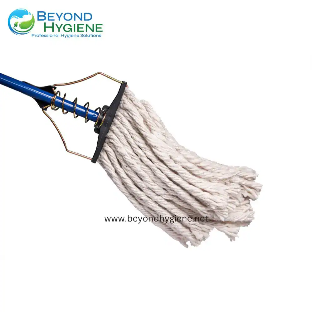 SPRING TYPE STEEL MOP SET (4) Blue and white microfiber cleaning mop head with metal handle for professional hygiene cleaning services.