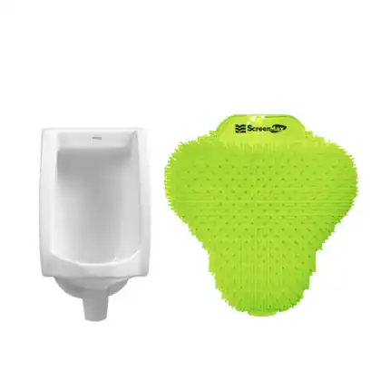 Urinal with a bright green scrubbing brush for deep cleaning and hygiene maintenance.