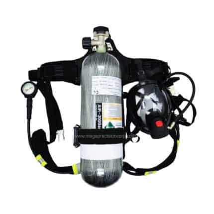 Portable scuba diving oxygen tank with regulator and mask for safety and health compliance.