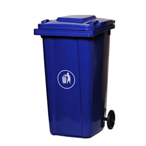 Blue recycling waste bin with lid and wheels for waste disposal and waste management services in Asia.