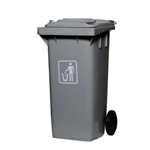 Gray industrial trash bin with a lid, featuring a waste disposal icon, ideal for commercial and public spaces, promoting sanitation and hygiene compliance.
