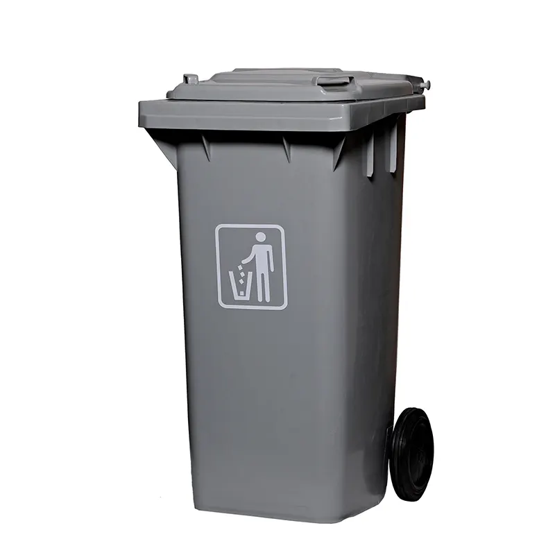 Side+Wheel+Garbage+Bin+GRAY-2+B Gray industrial trash bin with a lid, featuring a waste disposal icon, ideal for commercial and public spaces, promoting sanitation and hygiene compliance.