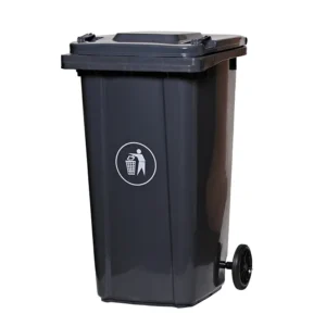 Black waste bin with wheels for garbage disposal in commercial cleaning services.