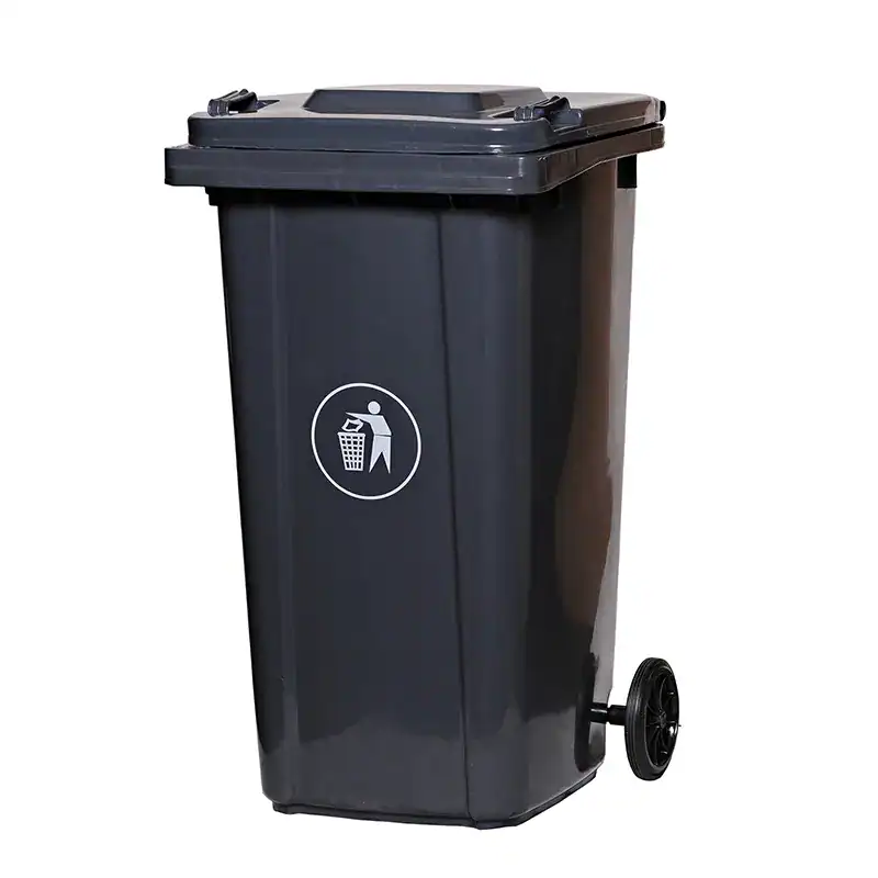 Side+Wheel+Garbage+Bin+GRAY+(2)+B Black waste bin with wheels for garbage disposal in commercial cleaning services.