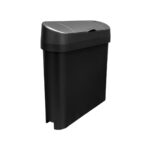 Plastic trash bin with lid for waste disposal in commercial and residential settings. Designed for hygienic waste management, suitable for office, bathroom, or kitchen use.