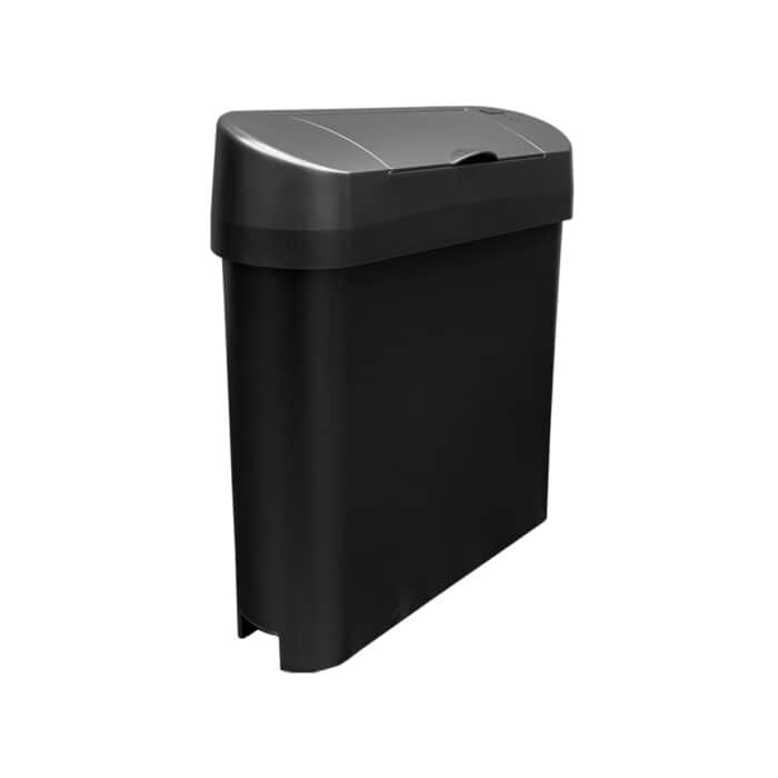 Plastic trash bin with lid for waste disposal in commercial and residential settings. Designed for hygienic waste management, suitable for office, bathroom, or kitchen use.