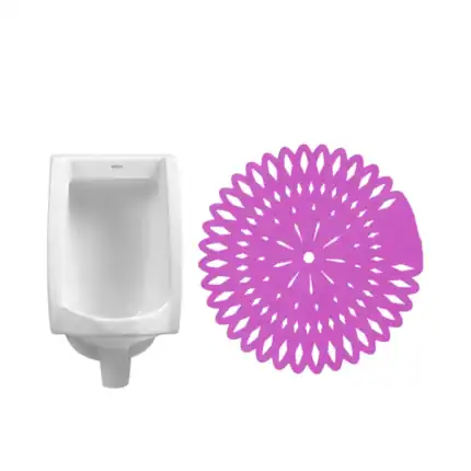 Urinal with a purple floral-patterned drain cover, designed for hygienic bathroom use.