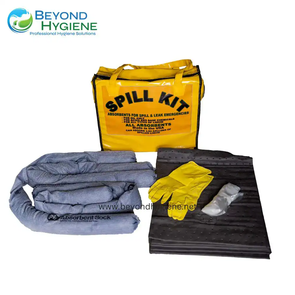 Spill Kit Spilled liquid spill kit with absorbent socks gloves and pads for leak emergencies and chemical spills.