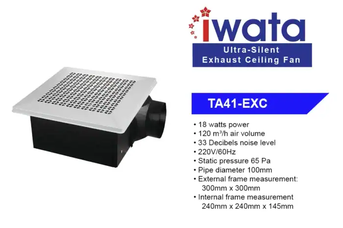 Iwata ultra-silent exhaust ceiling fan TA41-EXC for commercial and industrial ventilation, 18W motor, 120 m³/h airflow, 33dB noise level, 220V, 100mm pipe diameter, durable ceiling mount design.