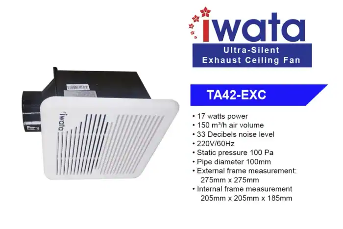 Iwata ultra-silent exhaust ceiling fan model TA42-EXC for quiet, efficient ventilation; 17W power, 150 m³/h airflow, low noise, 220V/60Hz, 100 Pa static pressure, 100mm pipe diameter, durable frame.