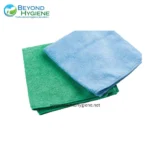 Blue and green microfiber cleaning cloths for professional hygiene and sanitation. Perfect for cleaning surfaces in healthcare, hospitality, and hygiene-focused environments.