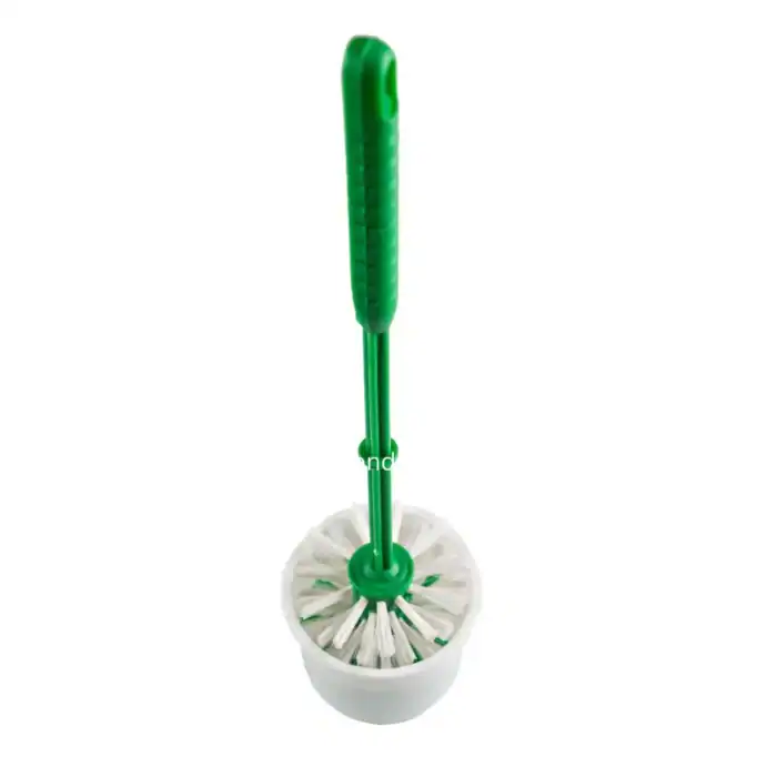 Revolving toilet brush with green handle and white cleaning head, ideal for bathroom sanitation and cleaning hygiene purposes.