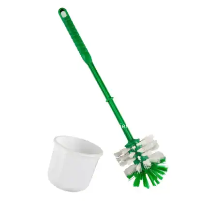 Cleaning brush with plastic handle and cup for hygiene and sanitation use.