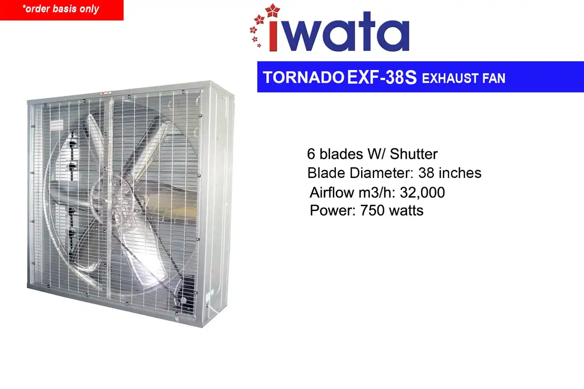 TORNADO-EXF-38S-3 High-capacity industrial exhaust fan with 6 blades and shutter, 38-inch blade diameter, designed for optimal airflow at 32,000 m3/h, operating at 750 watts for efficient ventilation.