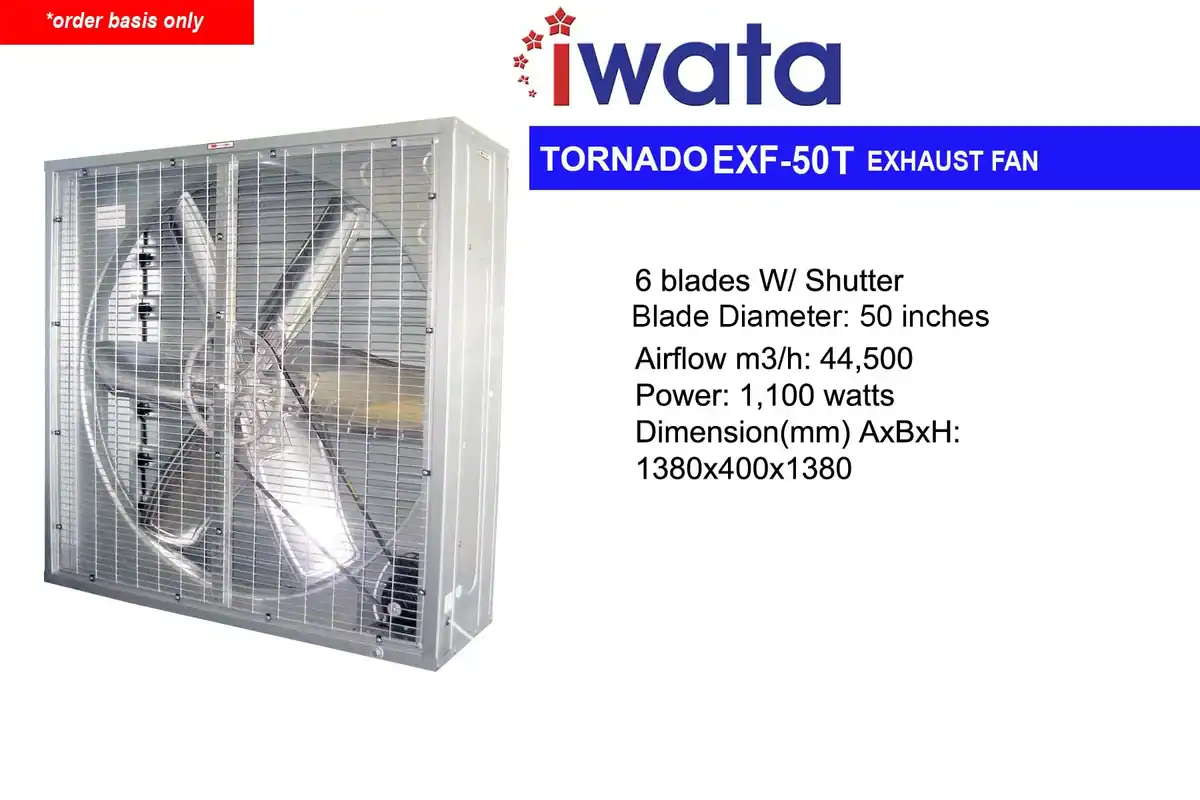 TORNADO EXF-50T  High-capacity Tornado EXF-50T exhaust fan with 6 blades, 50-inch blade diameter, 44,500 m³/h airflow, 1,100-watt power, and durable metal frame, ideal for industrial and commercial ventilation solutions in Asia.