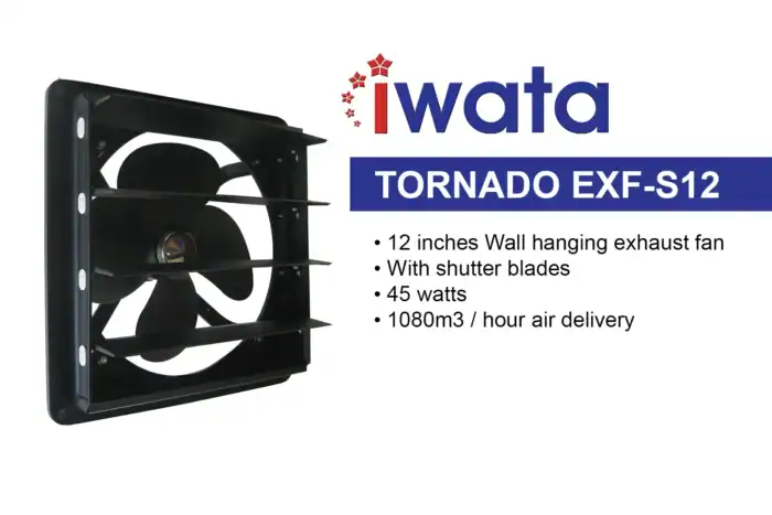Iwata Tornado EXF-S12 wall-mounted exhaust fan with 12-inch blades, shutter blades, 45-watt power, and 1080m3/hour air delivery, ideal for commercial and industrial ventilation solutions in Asia.