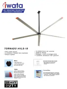 Industrial ceiling fan for commercial and large space ventilation, 18ft diameter, high airflow, low noise, ideal for warehouses, factories, and factories, with energy-efficient motor and durable blades.