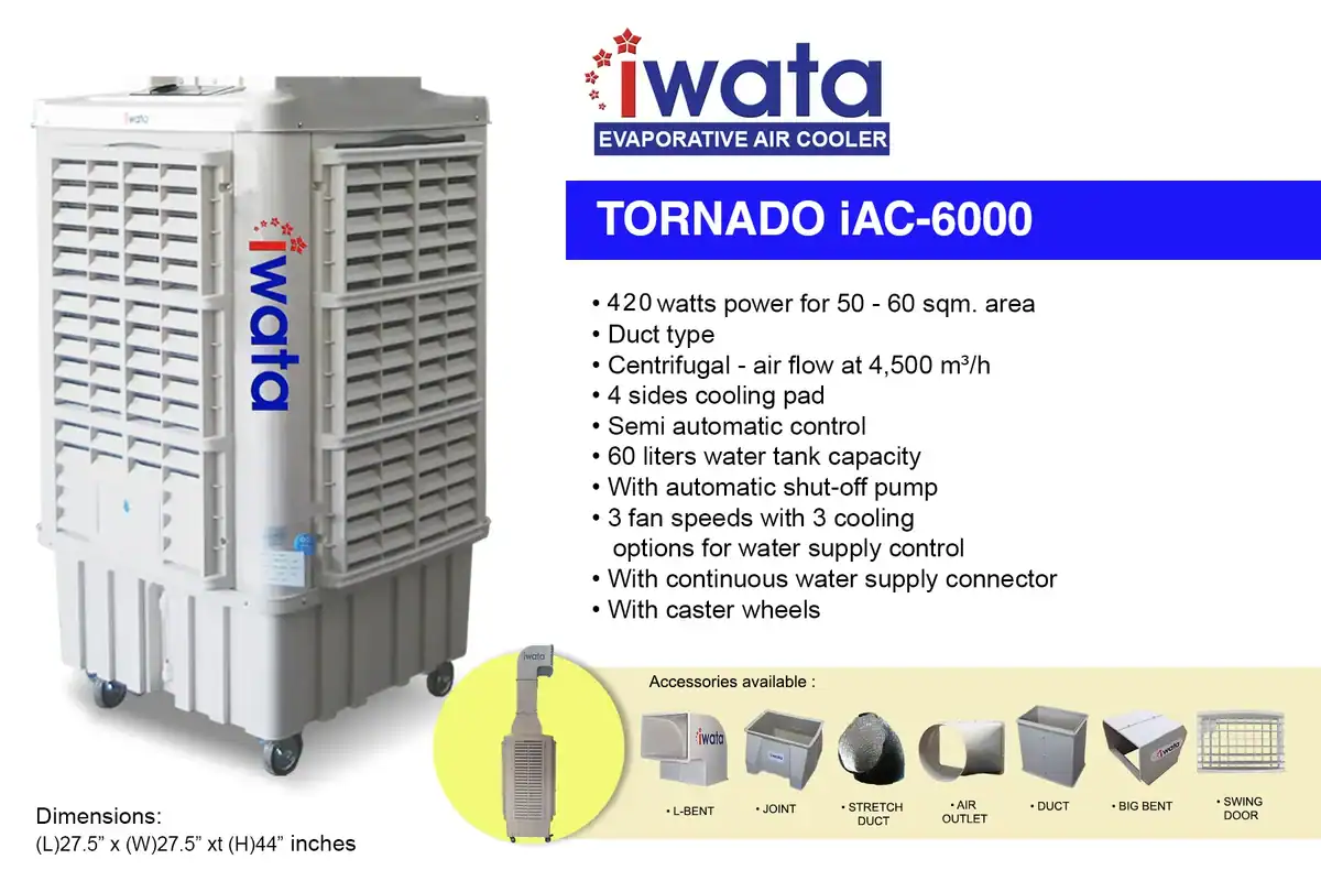TORNADO-iAC-6000-3 Evaporative air cooler Tornado iAC-6000 for commercial and industrial use, with adjustable fan speeds, water tank, and automatic shut-off, ideal for large spaces requiring high-efficiency cooling.