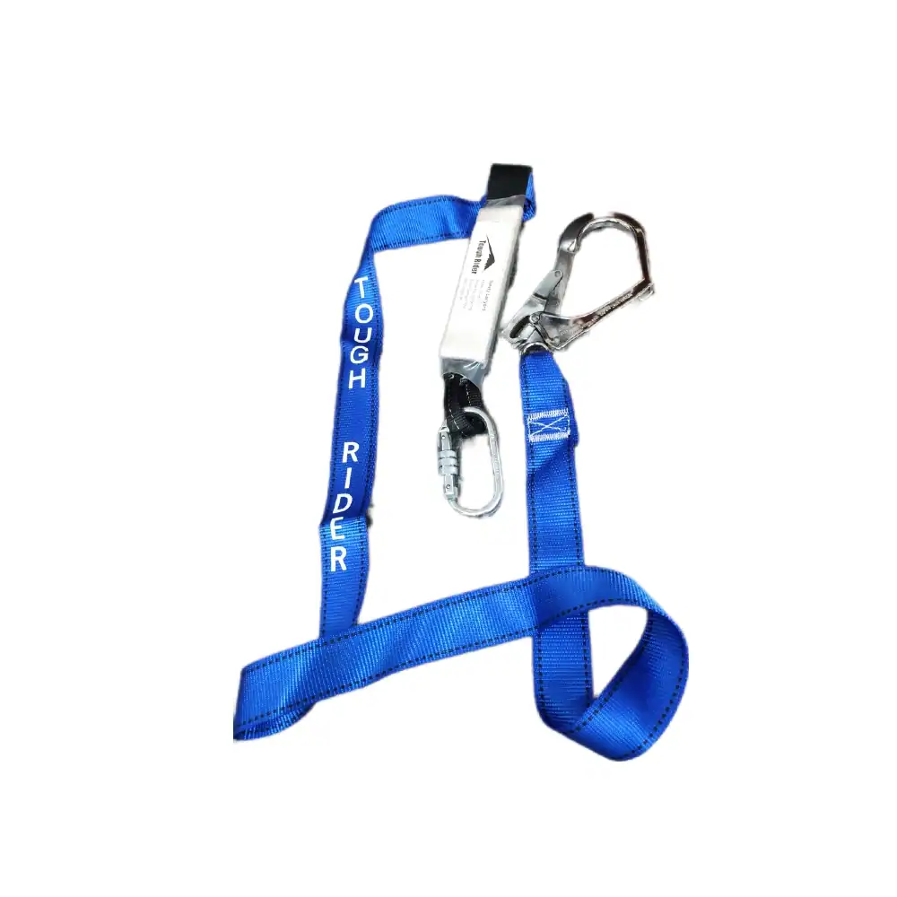 TOUGH RIDER SINGLE LANYARD Carabiner and safety harness for fall protection, used in industrial and construction settings for safety compliance and accident prevention. Designed by Beyond Hygiene Asia for workplace safety.