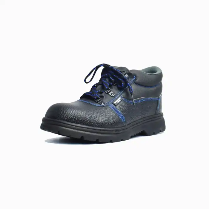 Black safety work boot with blue stitching, durable leather upper, and slip-resistant sole for industrial safety environments.