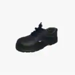 Black safety work shoe with durable leather upper and slip-resistant sole, ideal for industrial and warehouse environments.