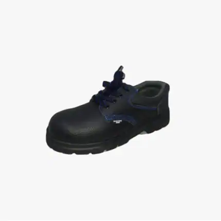 Black safety work shoe with durable leather upper and slip-resistant sole, ideal for industrial and warehouse environments.