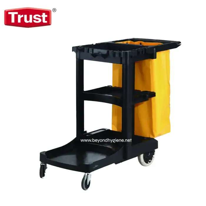 Cleaning cart with yellow waste bag for janitorial services and hygiene management.