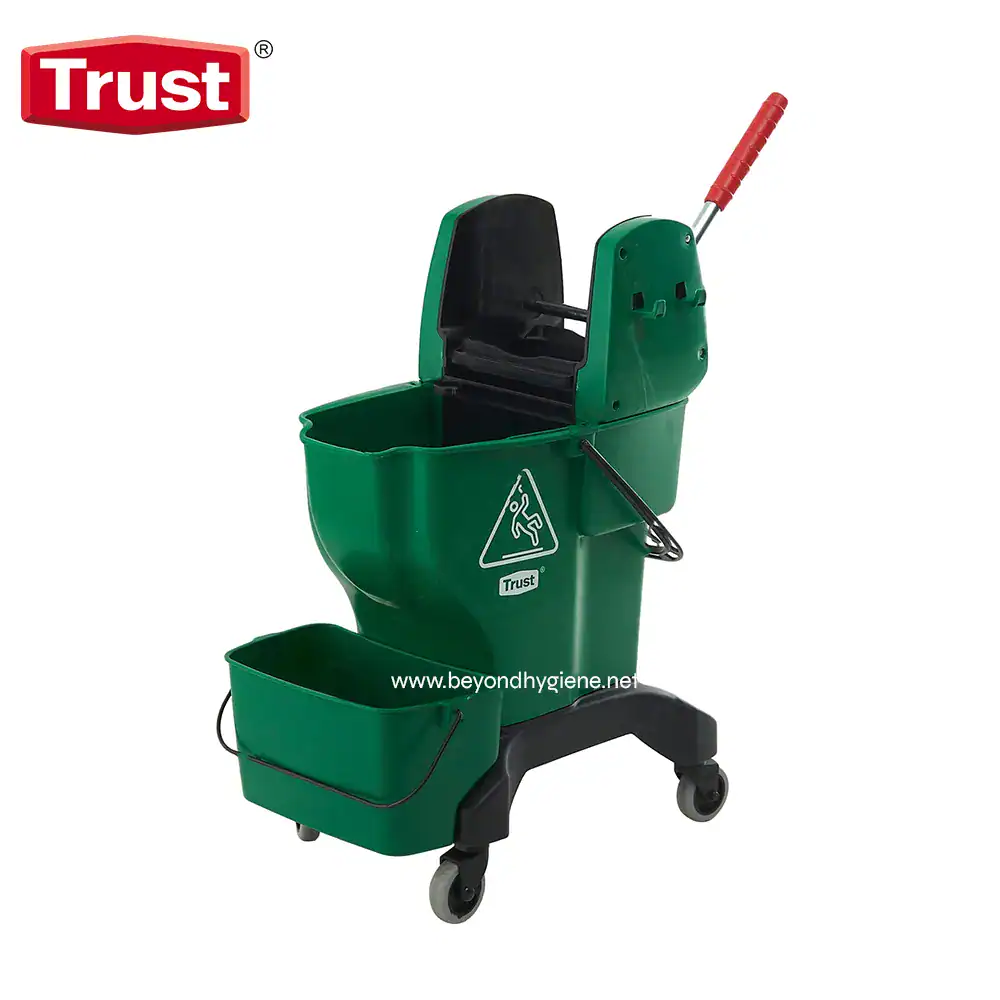 TR-5211GREEN Trust professional janitorial cleaning cart with mop bucket, handle, and wheels for commercial cleaning and hygiene management.