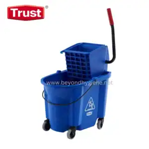 Blue commercial cleaning mop bucket with wringer, casters, and wringer handle for janitorial use.