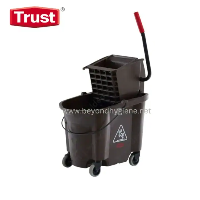Trust commercial cleaning trolley with mop bucket and wringer for hygiene, janitorial, and sanitation services at Beyond Hygiene Asia.