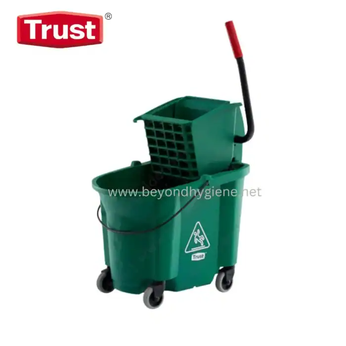 Green cleaning mop bucket with wringer and wheels, ideal for commercial hygiene and sanitation cleaning. Durable and efficient for janitorial services and floor cleaning.