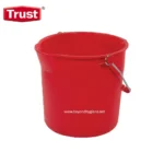 Red plastic cleaning bucket with metal handle for janitorial use.