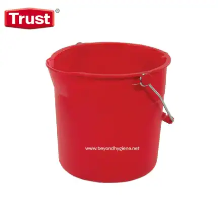 Red plastic cleaning bucket with metal handle for janitorial use.