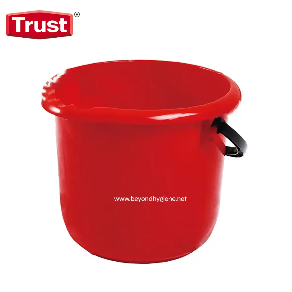 TR-5253RED Red plastic cleaning bucket with black handle for sanitation and hygiene purposes.