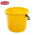Yellow plastic cleaning bucket with black handle, ideal for hygiene and sanitation work in commercial and industrial settings.