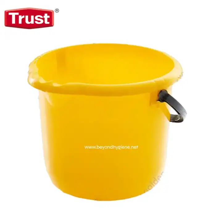 Yellow plastic cleaning bucket with black handle, ideal for hygiene and sanitation work in commercial and industrial settings.
