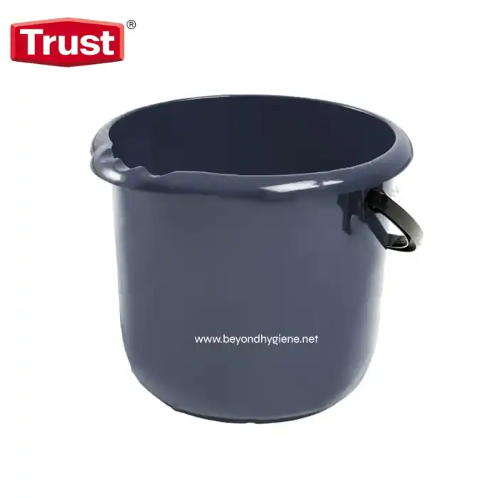 Used grey mop bucket with wringer attachment for commercial cleaning, featuring sturdy handle for easy transport and durable construction, ideal for hospitality and janitorial services.