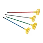 Stretch floor cleaning tools with yellow handles and colorful extension rods in red, gray, green, and blue for maintaining hygiene in commercial and industrial spaces.