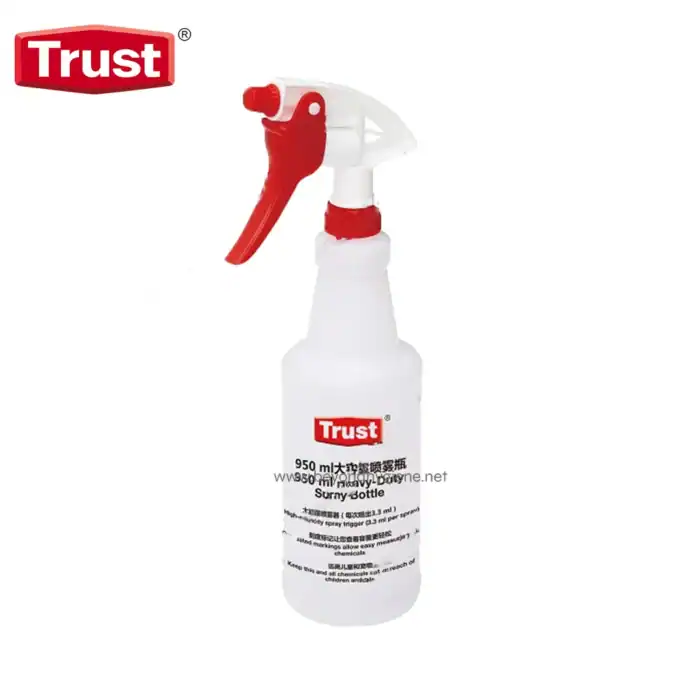 Spray disinfectant bottle with red trigger handle, branded Trust, used for sanitation and hygiene purposes in Asia.