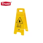 Out of service yellow caution sign with warning symbol, used for hygiene facility maintenance and safety alerts in Asian healthcare environments.