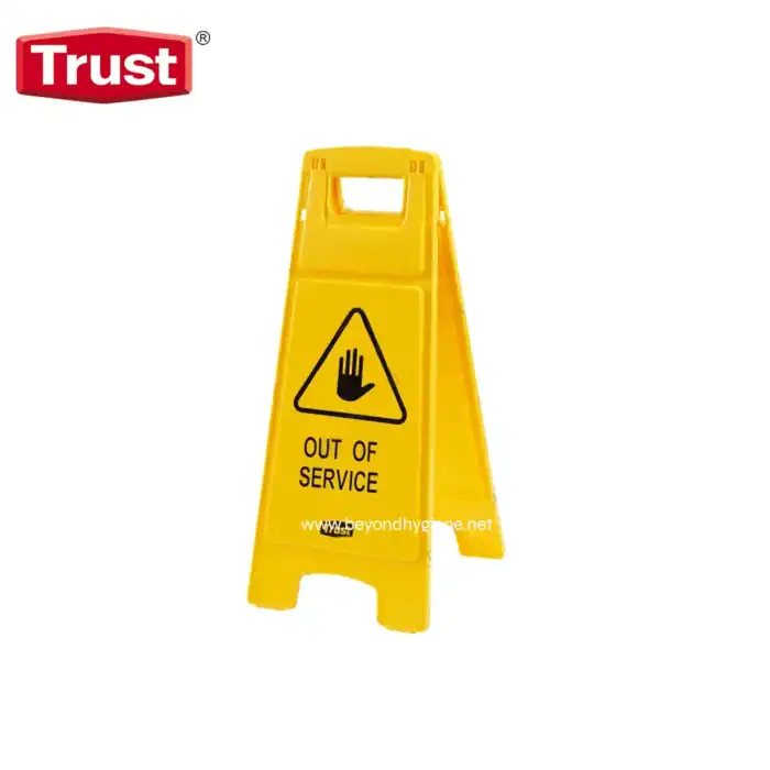 Out of service yellow caution sign with warning symbol, used for hygiene facility maintenance and safety alerts in Asian healthcare environments.