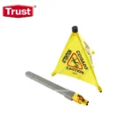 Caution wet floor sign and warning cone to prevent slips and falls in commercial cleaning environments. Trusted hygiene safety product to ensure workplace safety and cleanliness.