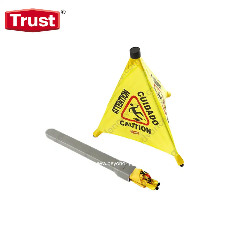 TR-7333 Caution wet floor sign and warning cone to prevent slips and falls in commercial cleaning environments. Trusted hygiene safety product to ensure workplace safety and cleanliness.
