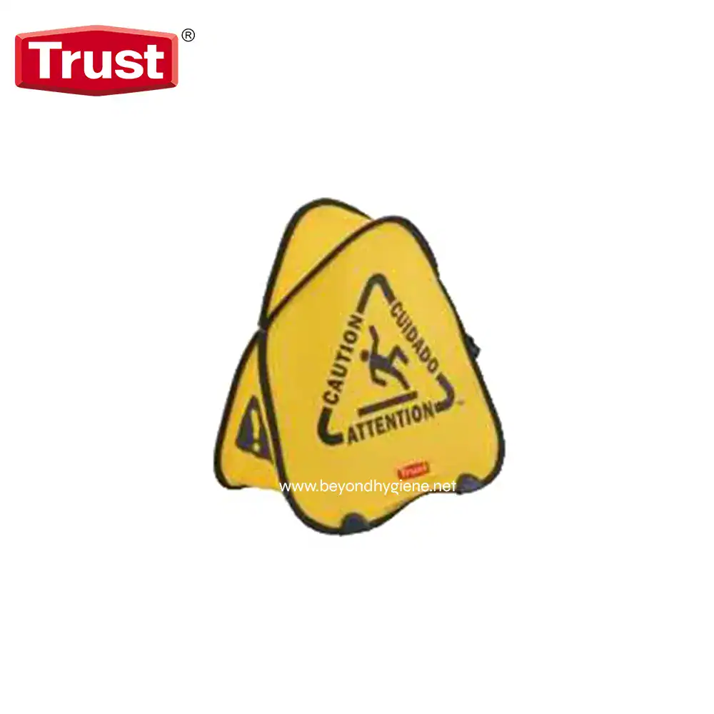 TR-7342-2 Caution wet floor sign, yellow warning sign with "Attention" and "Cuidado" text, slip hazard alert for health and safety, used in clinical and hygiene environments, from Beyond Hygiene Asia.