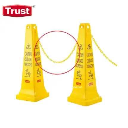 Trust yellow caution cone with warning chain for safety alert and crowd control.