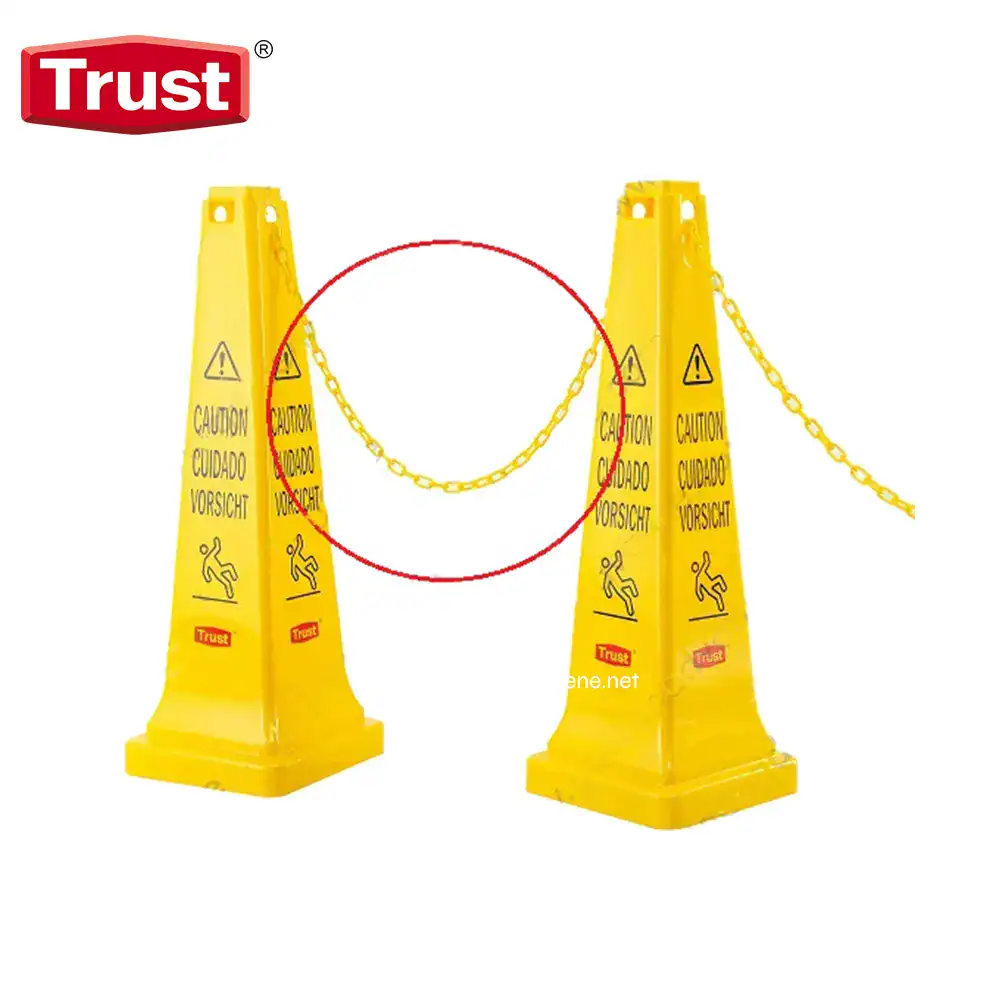 TR-7511 Trust yellow caution cone with warning chain for safety alert and crowd control.